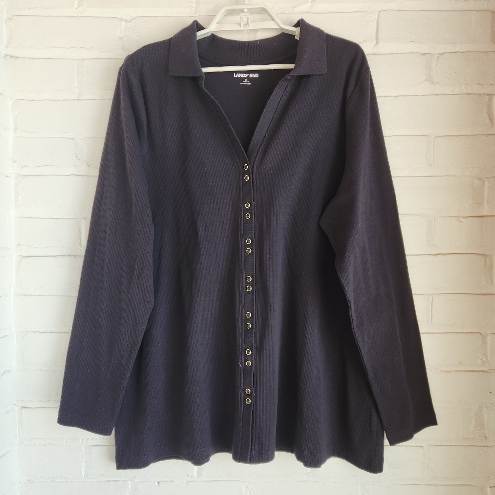 Lands End Womens Black Ribbed Gold Button Front Long Sleeve Tunic Top Sz 2X